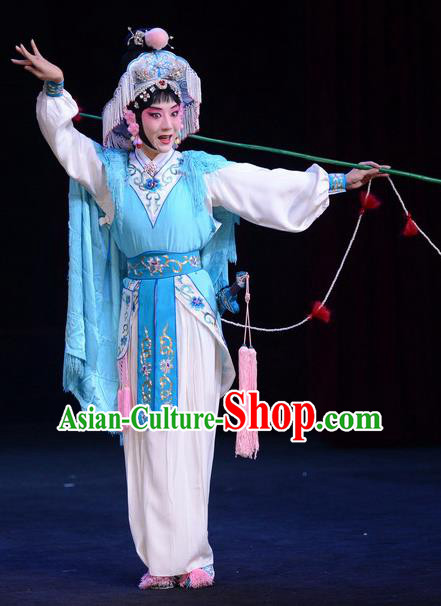 Chinese Beijing Opera Fisher Maiden Apparels Lian Jinfeng Costumes and Headdress Traditional Peking Opera Actress Dress Young Female Blue Garment