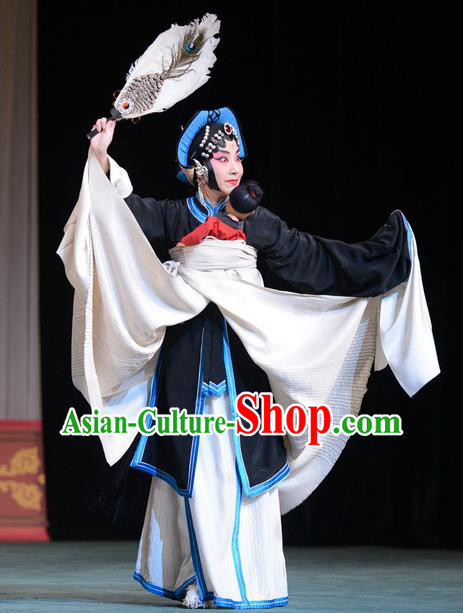 Chinese Beijing Opera Distress Female Apparels Zhan Tai Ping Costumes and Headdress Traditional Peking Opera Tsing Yi Black Dress Garment