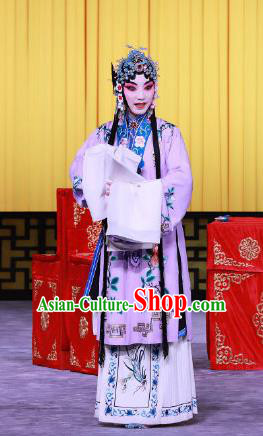 Chinese Beijing Opera Noble Woman Apparels Zhan Tai Ping Costumes and Headdress Traditional Peking Opera Young Mistress Purple Dress Garment