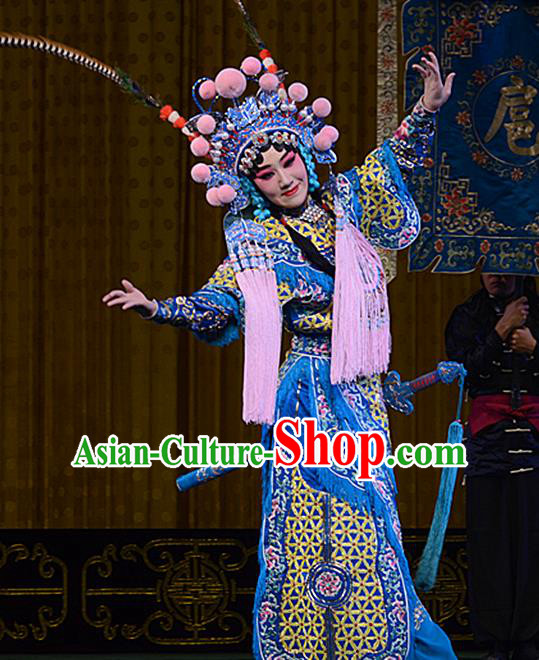 Chinese Beijing Opera Female General Hu Sanniang Apparels Hu Jia Zhuang Costumes and Headdress Traditional Peking Opera Martial Lady Dress Tao Ma Tan Armor Garment