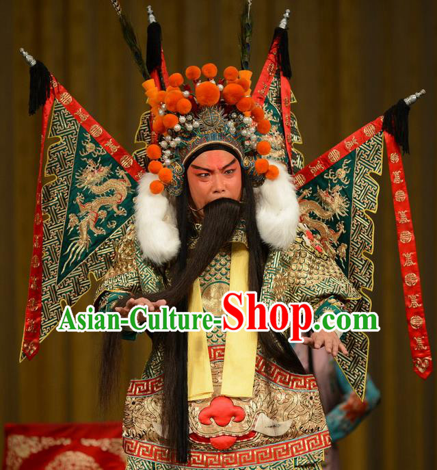 Zhan Jing Tang Chinese Peking Opera General Armor Garment Costumes and Headwear Beijing Opera Martial Male Wu Han Kao Apparels Clothing with Flags