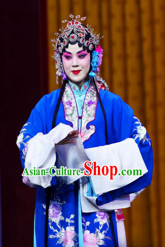 Chinese Beijing Opera Hua Tan Apparels Shi Wen Hui Costumes and Headpieces Traditional Peking Opera Young Female Dress Actress Shen Wan E Blue Garment