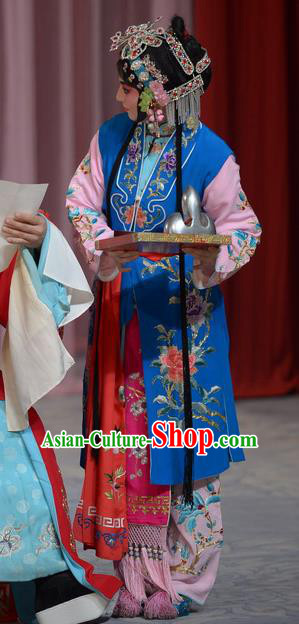 Chinese Beijing Opera Maidservant Apparels Su Xiaomei Costumes and Headpieces Traditional Peking Opera Xiaodan Dress Young Lady Blue Garment