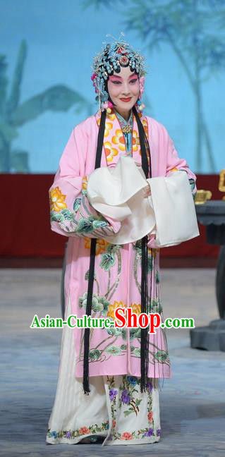 Chinese Beijing Opera Young Beauty Apparels Su Xiaomei Costumes and Headpieces Traditional Peking Opera Diva Pink Dress Courtesan Wen Juan Garment