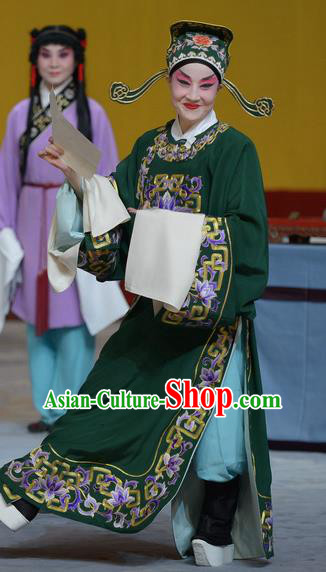 Su Xiaomei Chinese Peking Opera Niche Garment Costumes and Headwear Beijing Opera Young Male Apparels Scholar Green Clothing