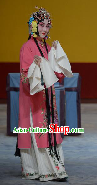 Chinese Beijing Opera Courtesan Wen Juan Apparels Su Xiaomei Costumes and Headpieces Traditional Peking Opera Young Female Pink Dress Garment