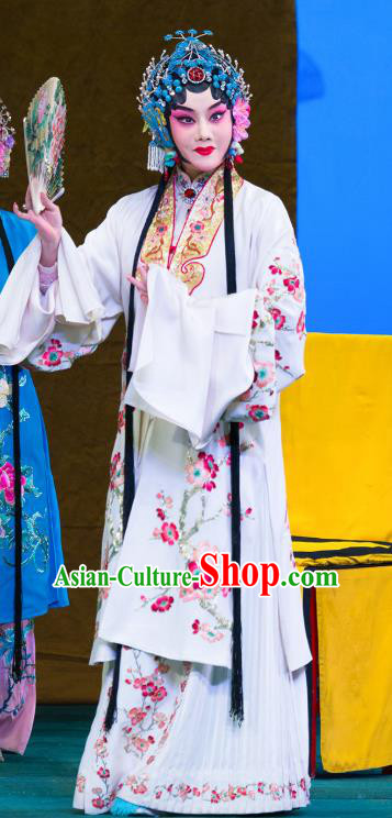 Chinese Beijing Opera Hua Tan Apparels Su Xiaomei Costumes and Headpieces Traditional Peking Opera Young Female White Dress Actress Garment