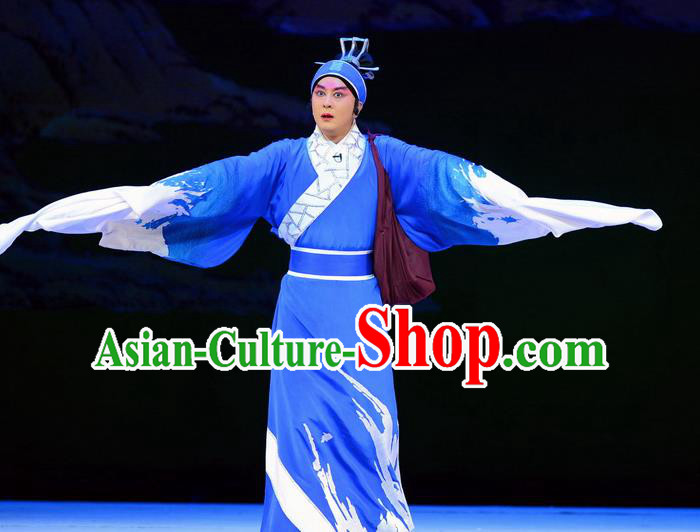 Su Qin Chinese Peking Opera Scholar Garment Costumes and Headwear Beijing Opera Political Strategists Apparels Young Man Blue Clothing
