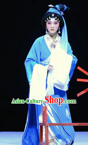 Chinese Beijing Opera Young Mistress Apparels Su Qin Costumes and Headpieces Traditional Peking Opera Huadan Blue Dress Garment