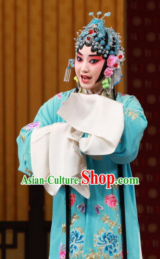 Chinese Beijing Opera Diva Che Jingfang Apparels Shi Wen Hui Costumes and Headpieces Traditional Peking Opera Hua Tan Dress Actress Blue Garment