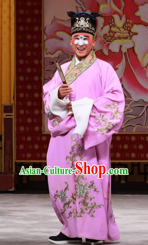 Shi Wen Hui Chinese Peking Opera Young Male Garment Costumes and Headwear Beijing Opera Chou Apparels Clown Purple Robe Clothing