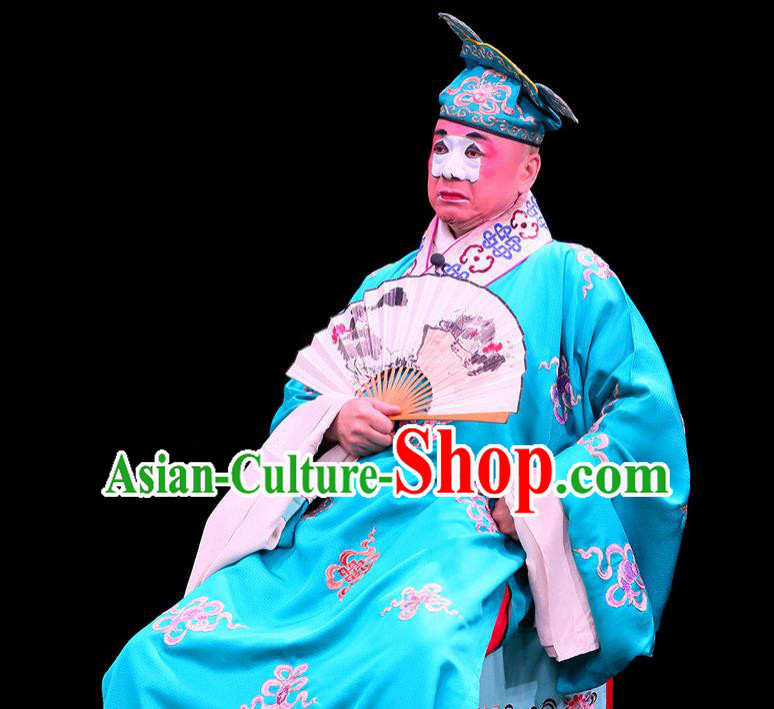 Shi Wen Hui Chinese Peking Opera Bully Garment Costumes and Headwear Beijing Opera Chou Apparels Young Man Niu Siwen Green Robe Clothing