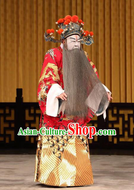 Yi Zhan Cheng Gong Chinese Peking Opera Chancellor Cao Cao Garment Costumes and Headwear Beijing Opera Elderly Male Apparels Prime Minister Clothing