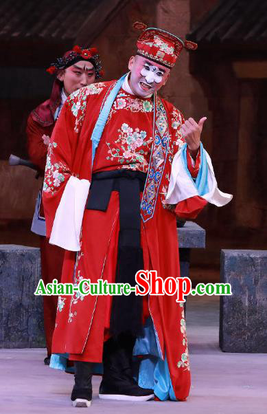 Seven Heros Five Gallants Chinese Peking Opera Chou Role Red Garment Costumes and Headwear Beijing Opera Clown Apparels Clothing