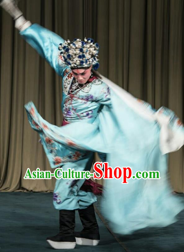 San Dao Ling Chinese Peking Opera Young Male Garment Costumes and Headwear Beijing Opera Takefu Apparels Swordsman Yan Qing Clothing