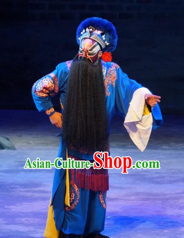 Seven Heros Five Gallants Chinese Peking Opera Martial Male Garment Costumes and Headwear Beijing Opera Swordsman Apparels Takefu Blue Clothing