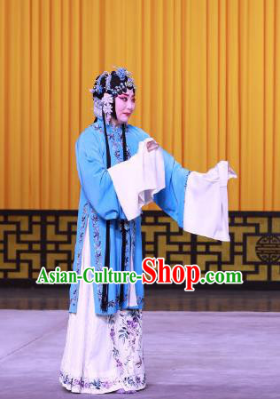 Chinese Beijing Opera Diva Apparels Hong Mu Ma Chou Costumes and Headpieces Traditional Peking Opera Tsing Yi Blue Dress Young Mistress Garment