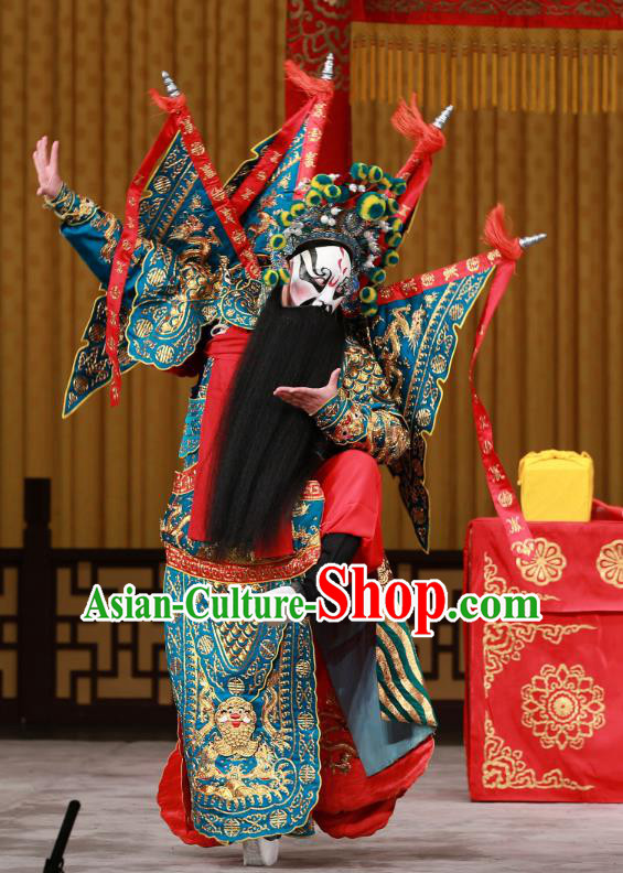 Yang Ping Guan Chinese Peking Opera General Green Armor Garment Costumes and Headwear Beijing Opera Old Man Apparels Kao Suit with Flags Clothing