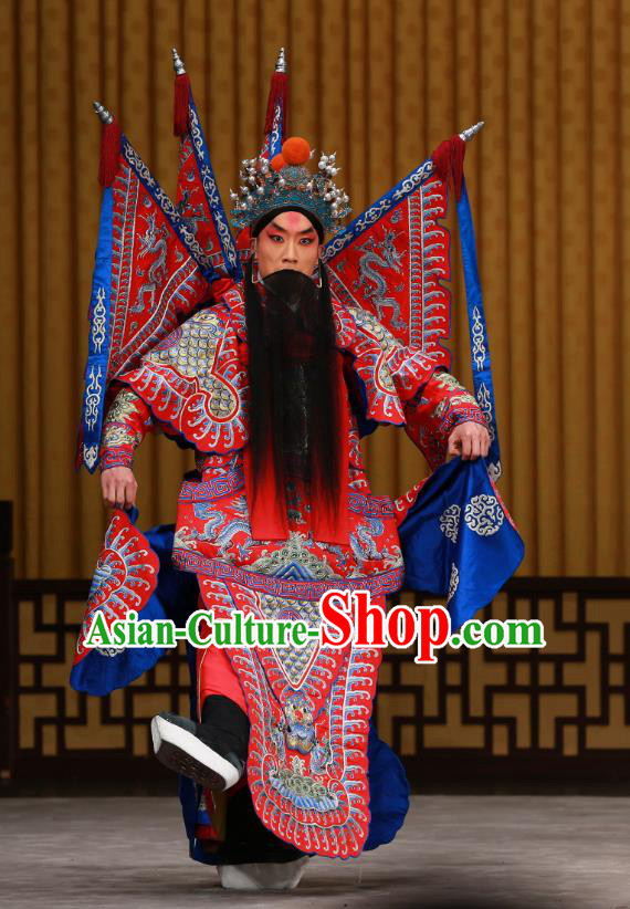 Yang Ping Guan Chinese Peking Opera General Armor Garment Costumes and Headwear Beijing Opera Old Man Apparels Red Kao Suit with Flags Clothing