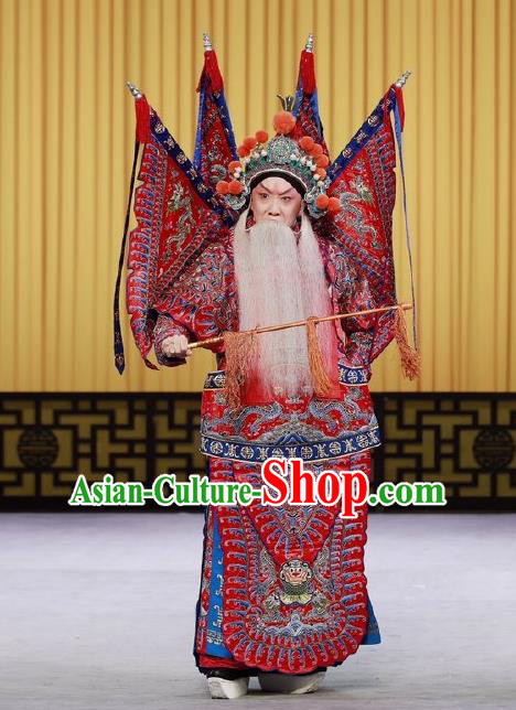 Nan Tian Men Chinese Peking Opera Jing Role Garment Costumes and Headwear Beijing Opera Apparels Clothing General Red Kao Armor Suit with Flags
