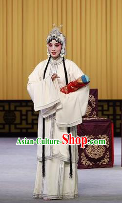Chinese Beijing Opera Tsing Yi White Apparels Nan Tian Men Costumes and Headpieces Traditional Peking Opera Young Female Dress Distress Maiden Garment