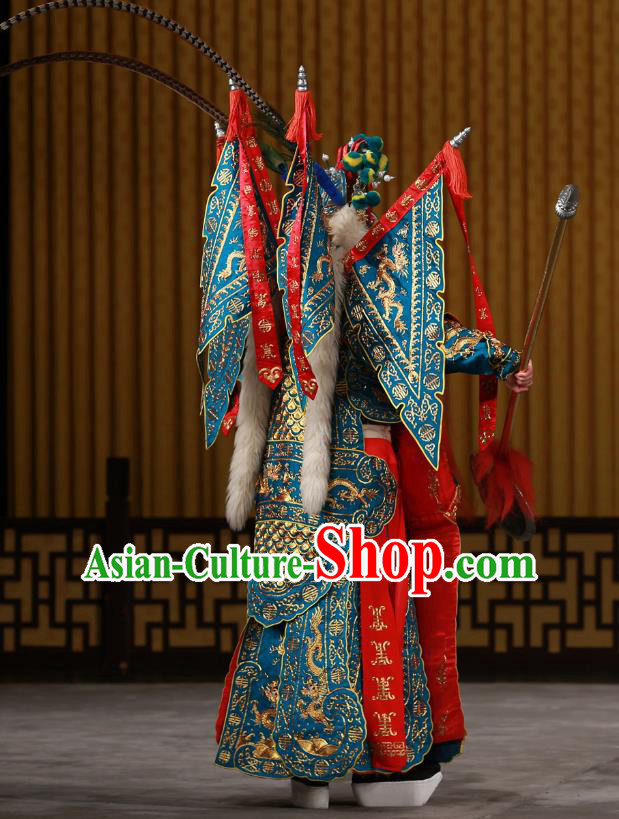 Dingjun Mount Chinese Peking Opera Military Officer Armor Garment Costumes and Headwear Beijing Opera General Xia Houde Apparels Clothing Kao with Flags
