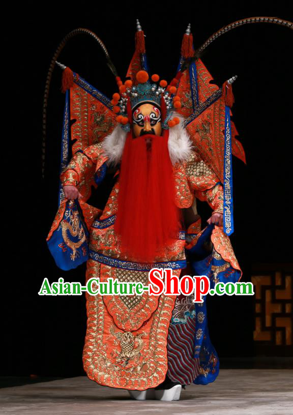 Zhan Wan Cheng Chinese Peking Opera Martial Male Kao Garment Costumes and Headwear Beijing Opera Apparels General Wei Dian Armor Clothing with Flags