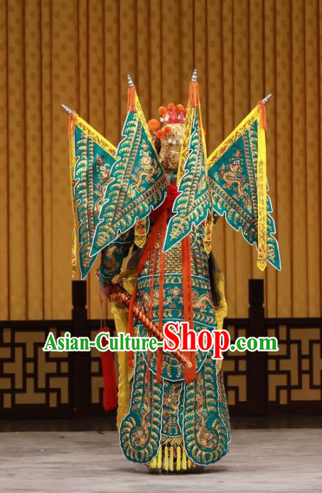 Bei Fa Zhong Yuan Chinese Peking Opera Wusheng Jing Role Garment Costumes and Headwear Beijing Opera General Jiang Wei Apparels Armor Clothing with Flags