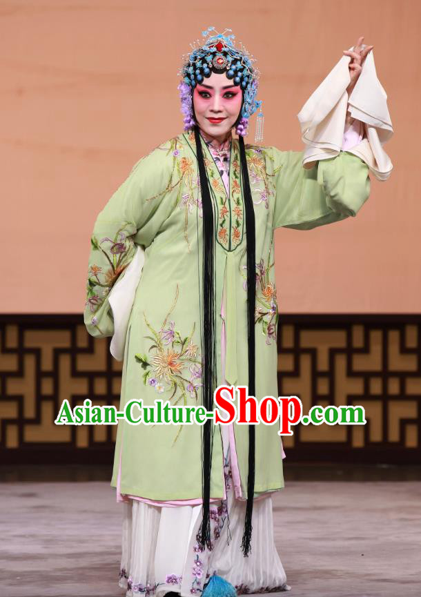 Chinese Beijing Opera Young Mistress Apparels Chun Gui Meng Costumes and Headpieces Traditional Peking Opera Actress Green Dress Hua Tan Garment