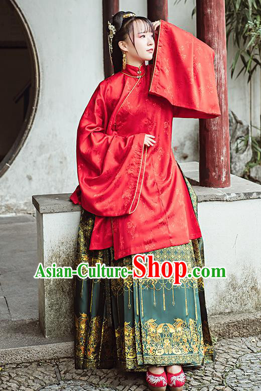 Chinese Traditional Ancient Patrician Lady Hanfu Dress Ming Dynasty Red Blouse and Green Brocade Skirt Historical Costumes Complete Set
