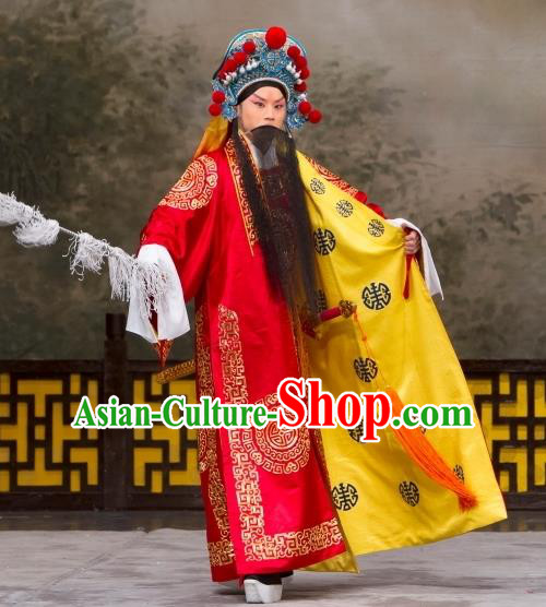 Daming Prefecture Chinese Peking Opera Chief Song Jiang Garment Costumes and Headwear Beijing Opera Laosheng Apparels Elderly Male Clothing