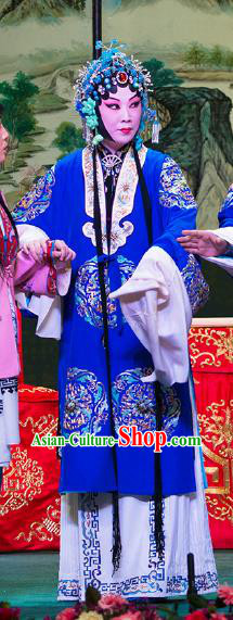 Chinese Beijing Opera Hua Tan Apparels Daming Prefecture Costumes and Headpieces Traditional Peking Opera Goddess Blue Dress Actress Garment