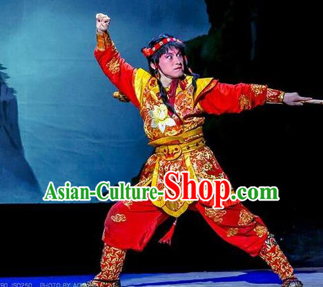 Daming Prefecture Chinese Peking Opera Young Boy Garment Costumes and Headwear Beijing Opera Wusheng Apparels Takefu Liu Chenxiang Clothing
