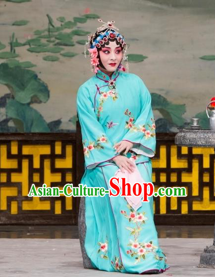 Chinese Beijing Opera Young Mistress Apparels Daming Prefecture Costumes and Headpieces Traditional Peking Opera Actress Blue Dress Garment