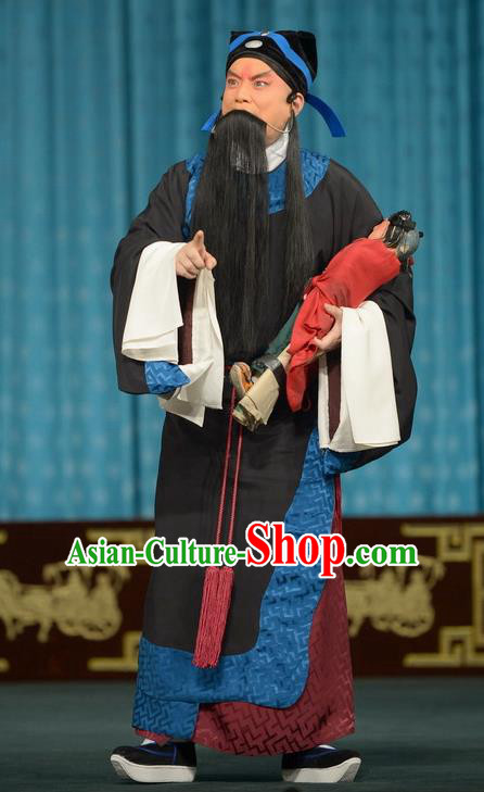 Chun Qiu Bi Chinese Peking Opera Elderly Male Garment Costumes and Headwear Beijing Opera Scholar Apparels Official Historian Wang Shaozhi Clothing