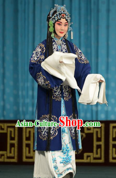 Chinese Beijing Opera Young Mistress Apparels Chun Qiu Bi Costumes and Headpieces Traditional Peking Opera Actress Blue Dress Garment