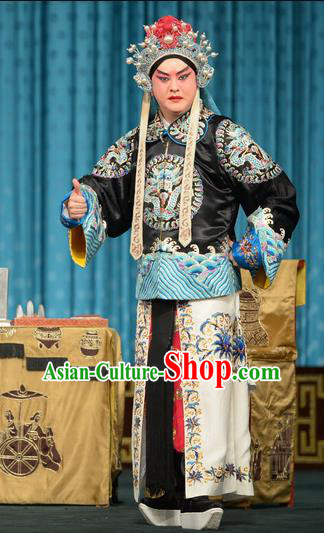 Chun Qiu Bi Chinese Peking Opera Young Male Garment Costumes and Headwear Beijing Opera Wusheng Apparels Martial Male Zhang En Clothing