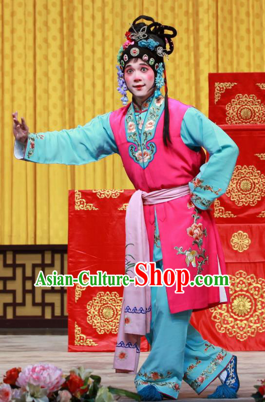 Chinese Beijing Opera Young Lady Apparels Mu Ke Zhai Costumes and Headpieces Traditional Peking Opera Servant Girl Dress Garment