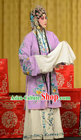 Chinese Beijing Opera Huadan Apparels Chun Qiu Bi Costumes and Headpieces Traditional Peking Opera Hua Tan Purple Dress Young Female Garment