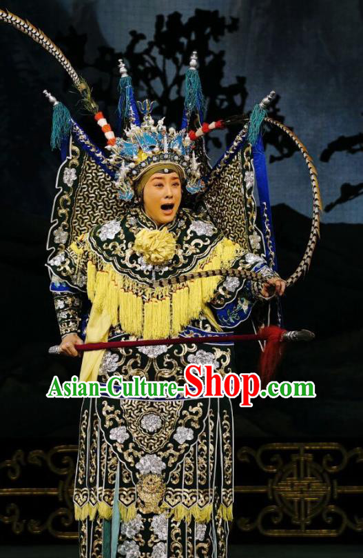 Chinese Beijing Opera Female General Apparels Colorful Spear Costumes and Headpieces Traditional Peking Opera Martial Woman Jiang Guizhi Armor Garment with Flags