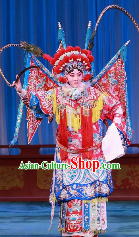 Chinese Beijing Opera Tao Ma Tan Mu Guiying Apparels Mu Ke Zhai Costumes and Headpieces Traditional Peking Opera Dress Female General Armor Garment with Flags