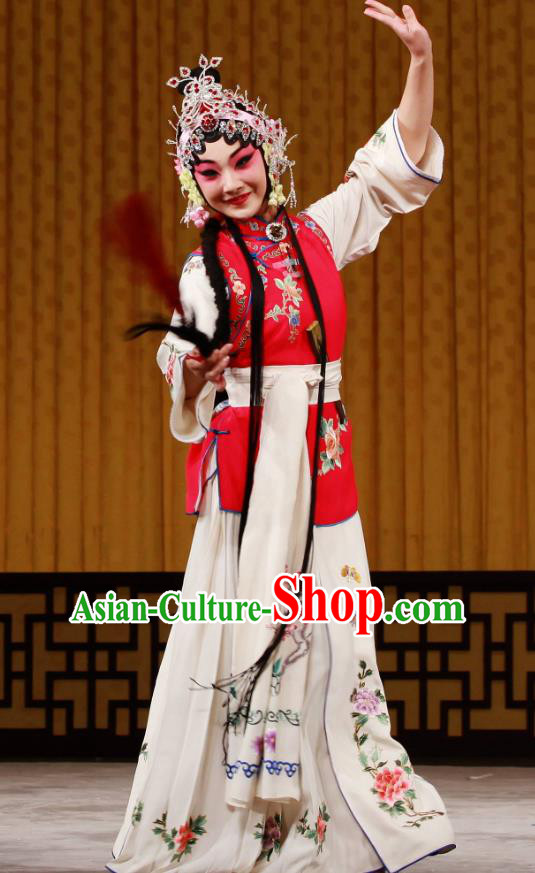 Chinese Beijing Opera Servant Girl Chun Lan Apparels Hua Tian Cuo Costumes and Headpieces Traditional Peking Opera Young Lady Dress Xiaodan Garment