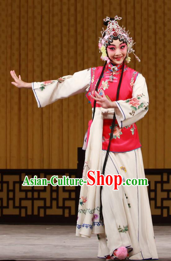 Chinese Beijing Opera Servant Girl Chun Lan Apparels Hua Tian Cuo Costumes and Headpieces Traditional Peking Opera Young Lady Dress Xiaodan Garment