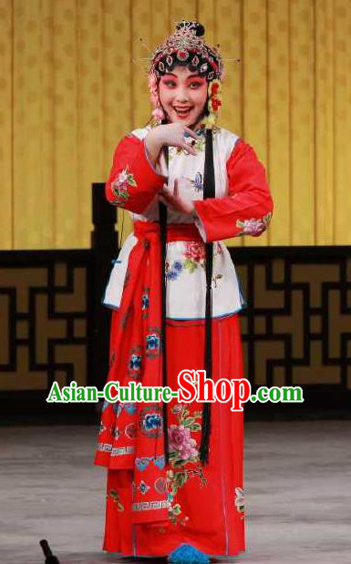 Chinese Beijing Opera Maidservant Chun Lan Apparels Hua Tian Cuo Costumes and Headpieces Traditional Peking Opera Young Lady Dress Xiaodan Garment