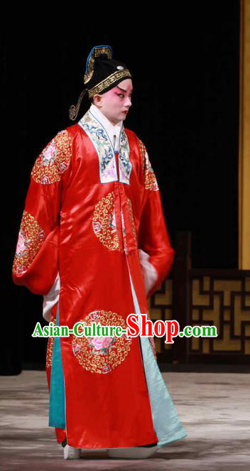 Huo Xiaoyu Chinese Peking Opera Niche Red Garment Costumes and Headwear Beijing Opera Scholar Li Yi Apparels Xiaosheng Clothing