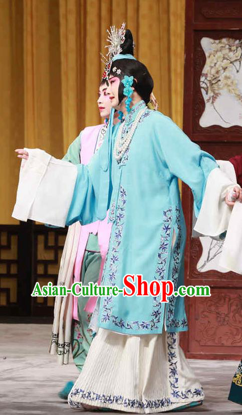 Chinese Beijing Opera Rich Lady Apparels Huo Xiaoyu Costumes and Headpieces Traditional Peking Opera Hua Tan Blue Dress Actress Diva Garment