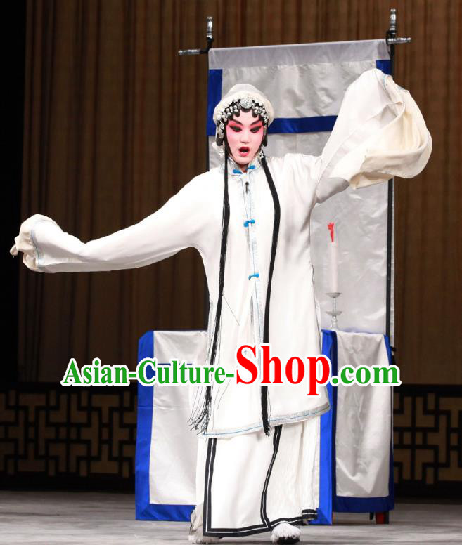Chinese Beijing Opera Widow Shen Xuezhen Apparels Qing Shuang Sword Costumes and Headpieces Traditional Peking Opera Tsing Yi Dress Distress Maiden Garment