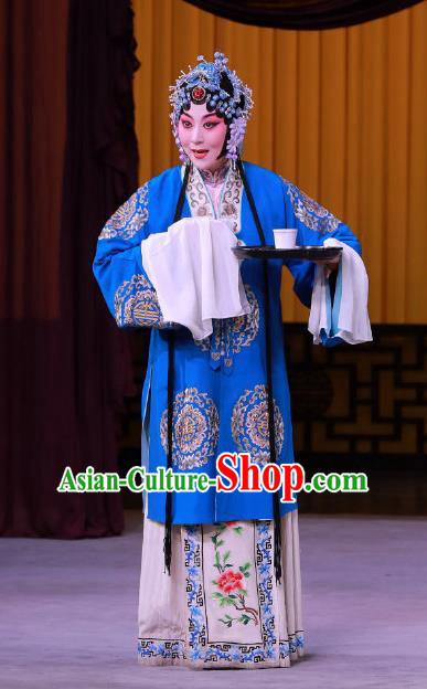 Chinese Beijing Opera Young Female Yue Mu Ci Zi Apparels Costumes and Headpieces Traditional Peking Opera Actress Blue Dress Wife Garment