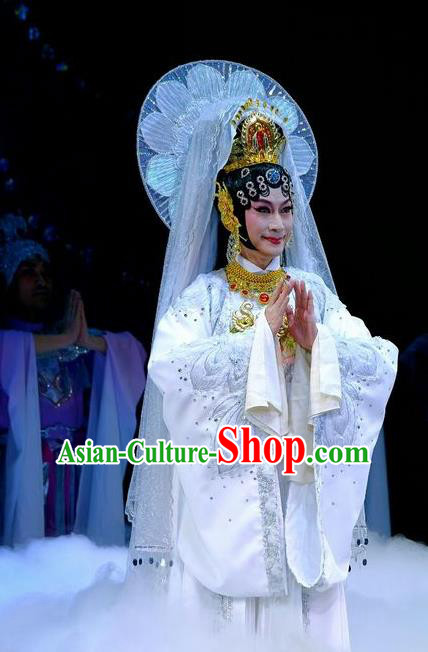 Chinese Beijing Opera Bodhisattva Mercy Buddha Apparels Love of Guan Yin Costumes and Headdress Traditional Peking Opera Goddess White Dress Garment