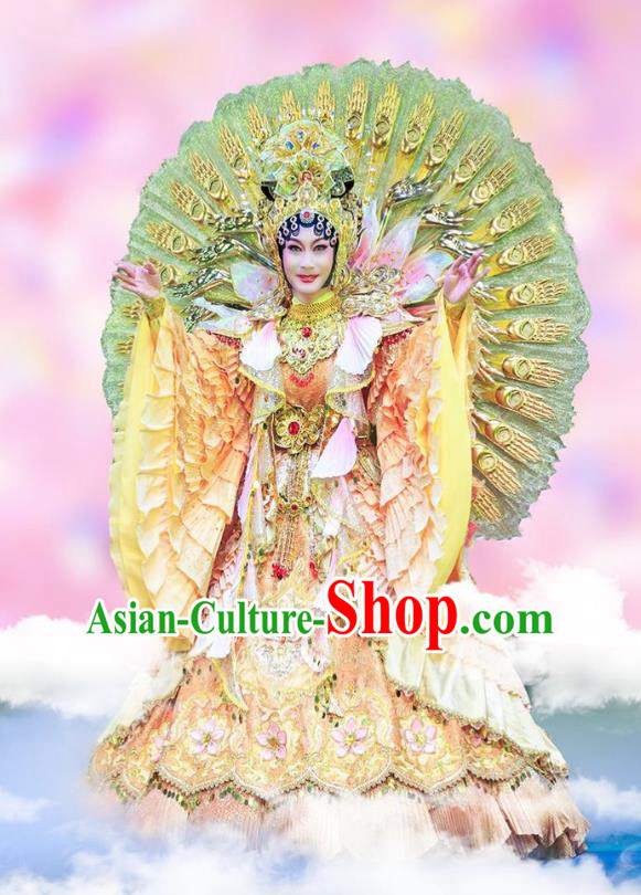 Chinese Beijing Opera Bodhisattva Apparels Love of Guan Yin Costumes and Headdress Traditional Peking Opera Mercy Buddha Dress Goddess Garment